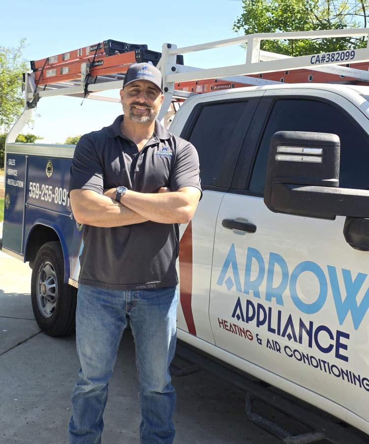 Chris Hernandez, ceo of arrow hvac service, ready for ac repair in visalia, ca